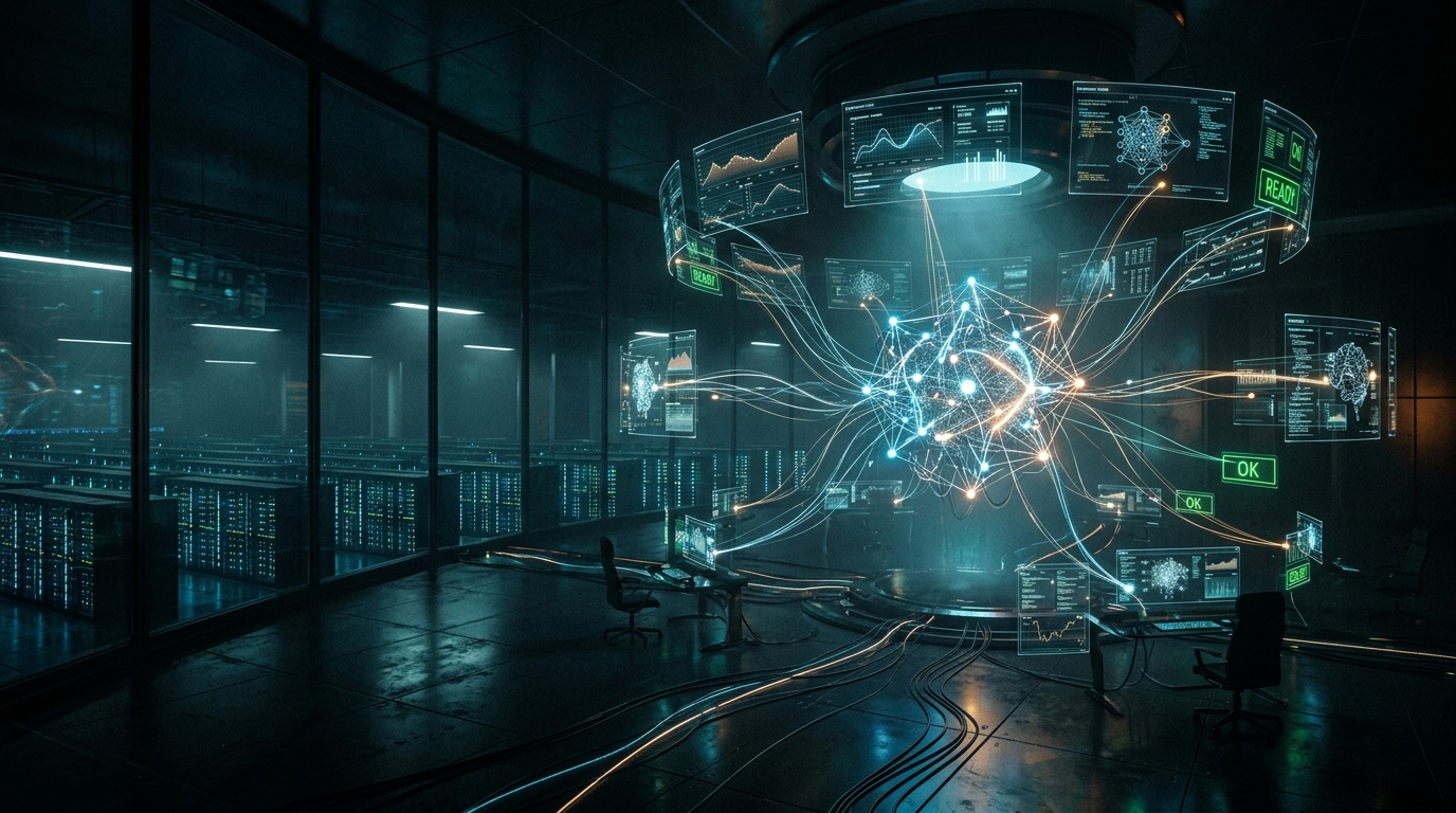 封面：深夜AI研究指挥中心，中央神经网络光芒连接多个实验面板，窗外GPU服务器机房灯光延伸至远方