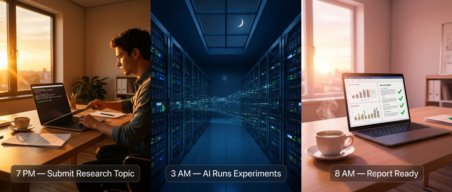 三联画叙事：7PM提交研究课题 → 3AM AI自动运行实验 → 8AM报告就绪